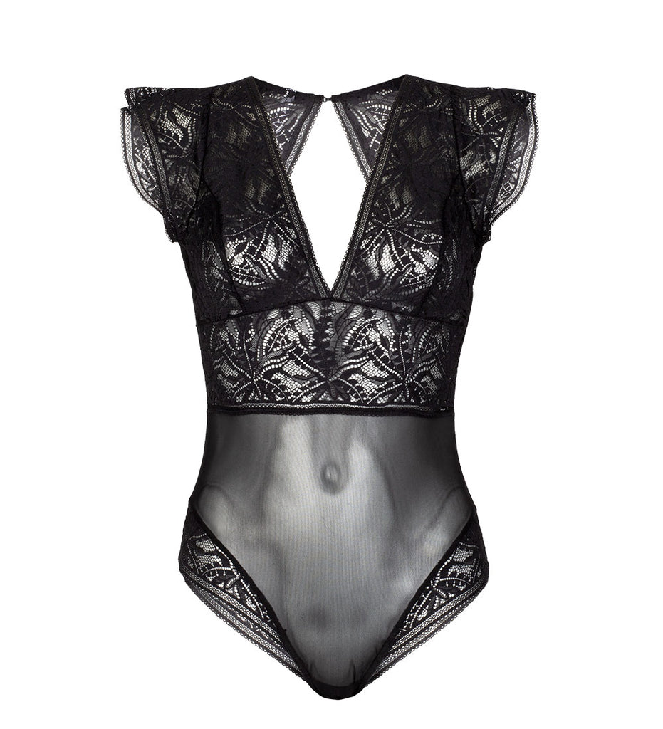 leaf pattern bodysuit black lace mesh transparent sustainable recycled