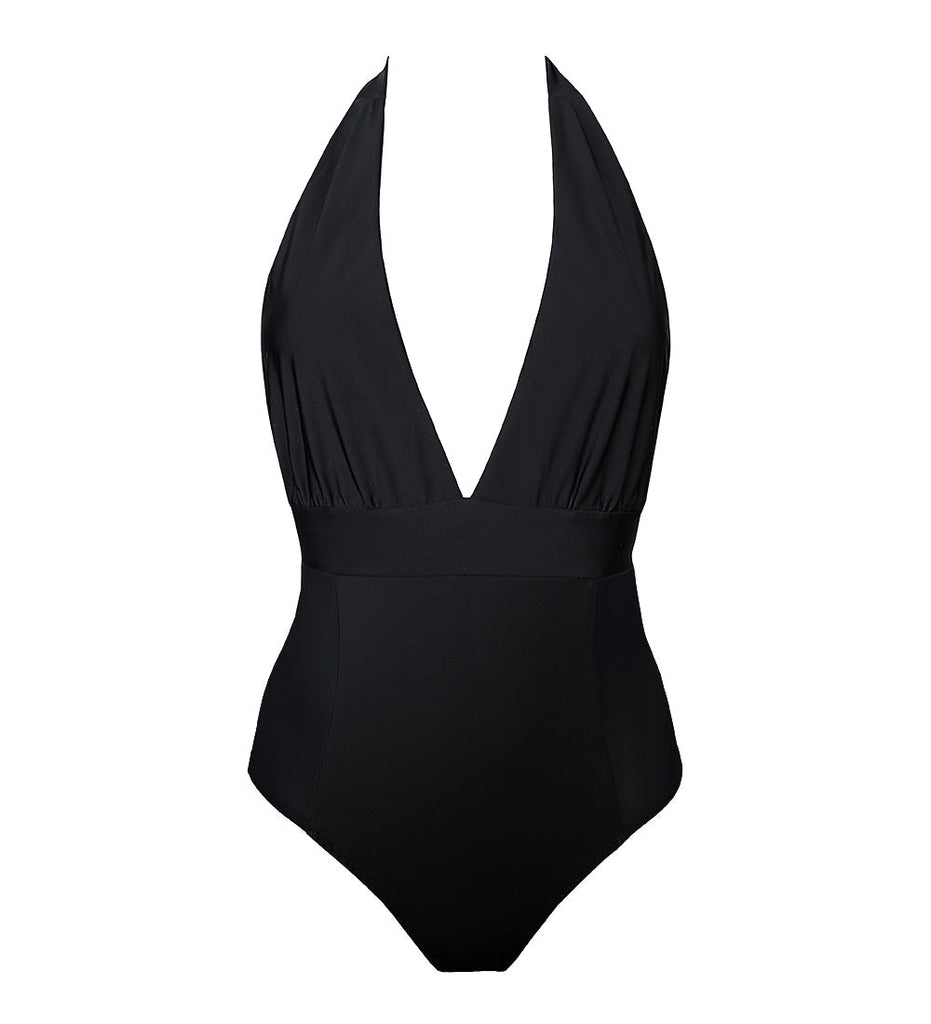 black swimsuit vintage style made from recycled nylon Econyl