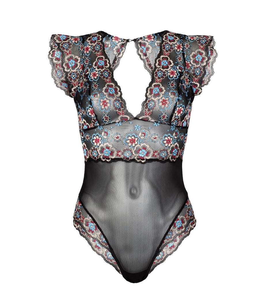 floral embroidery bodysuit multicolour mesh transparent sustainable recycled