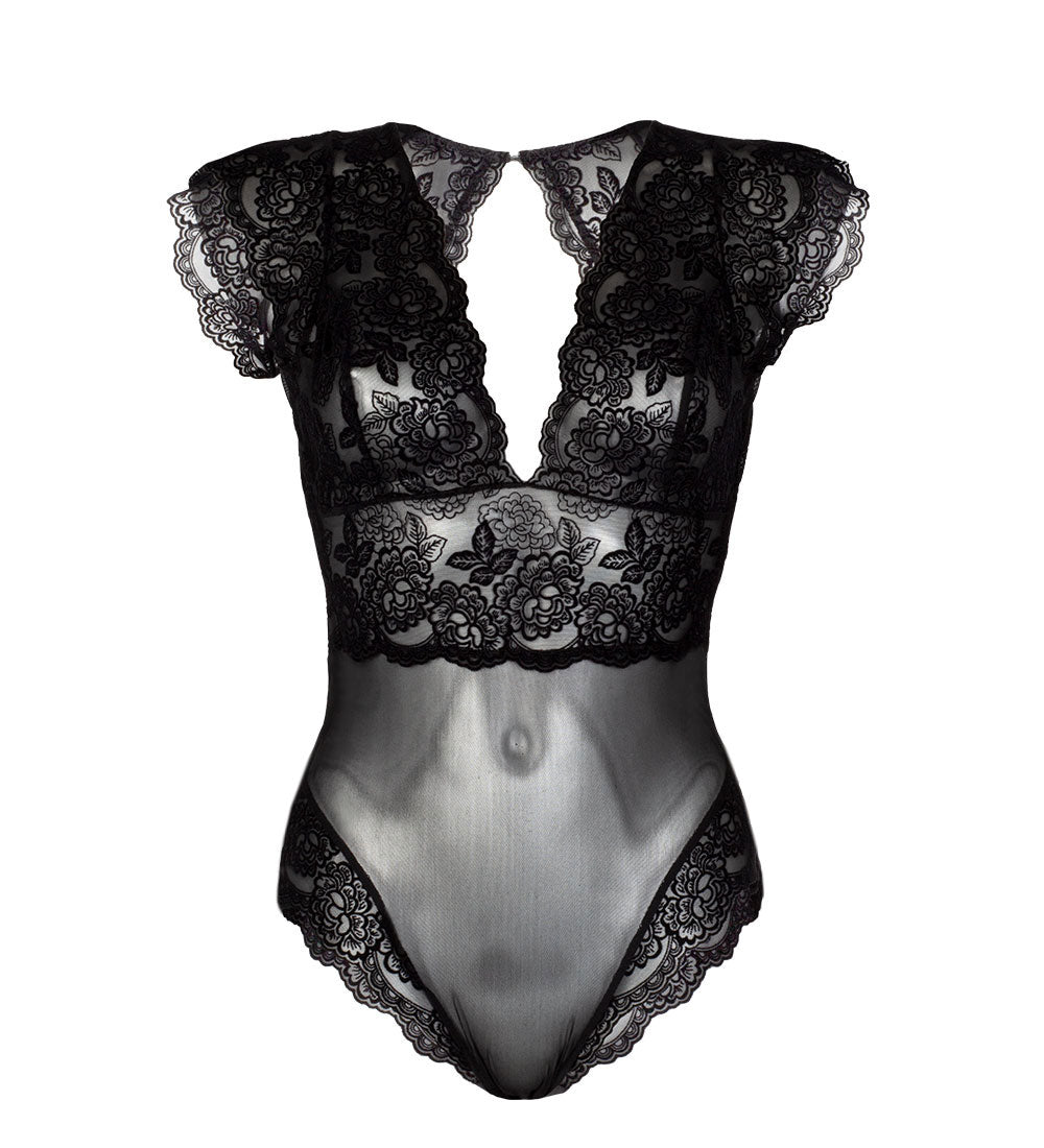 Sheer Floral Bodysuit - Black – Lounge Underwear