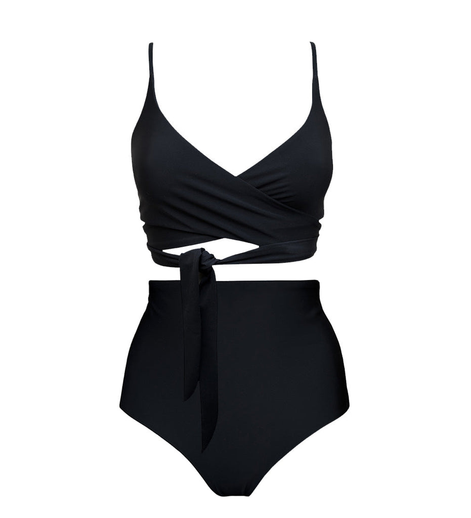 black bikini set with wrap top and high waist bikini bottom made from recycled nylon Econyl
