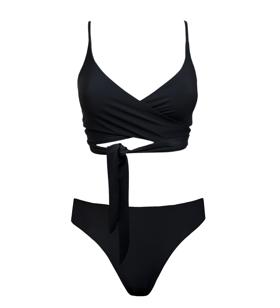 black bikini set with wrap top and slim high cut leg bikini bottom made from recycled nylon econyl