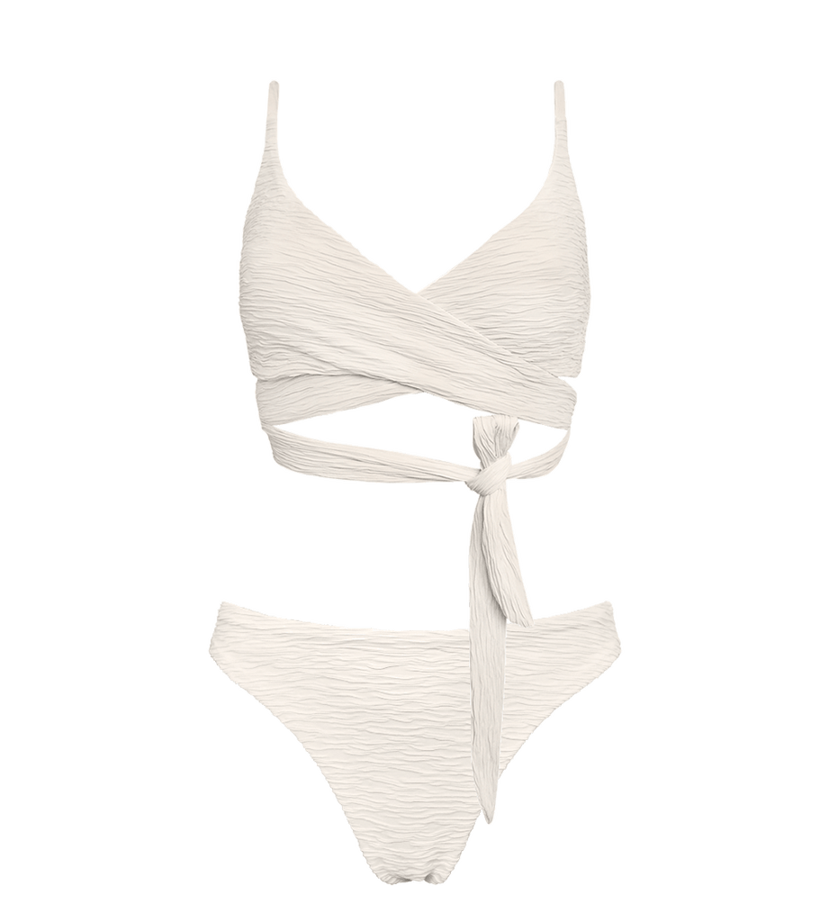 creme jacquard bikini set wrap top and high cut slim bikini bottom made from textured recycled nylon polyamide Econyl 